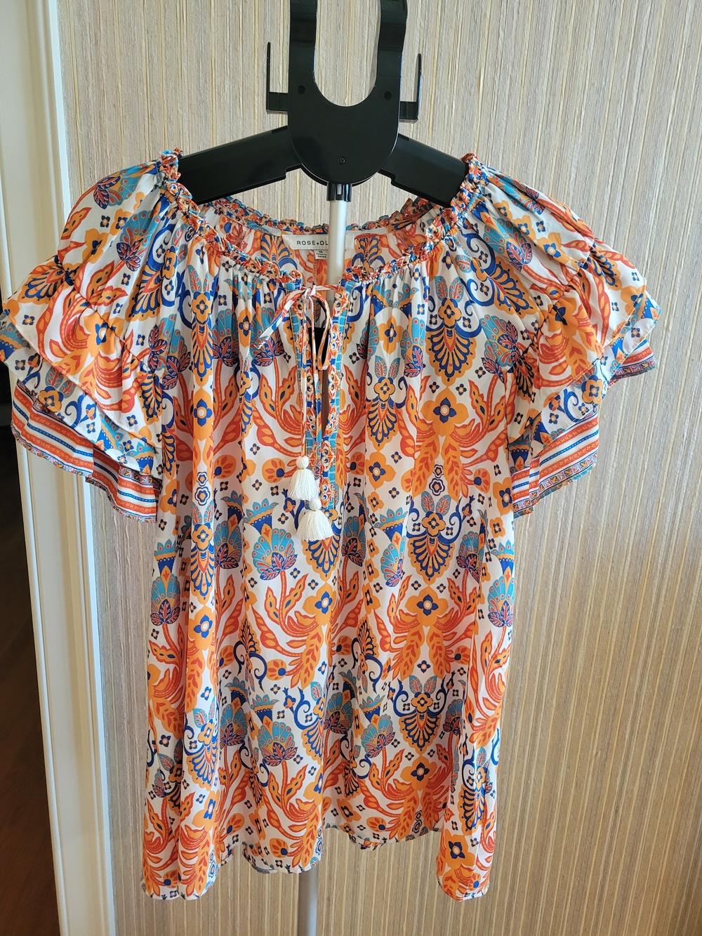 Rose & Olive Boho Orange and Blue Printed Peasant Top 1x